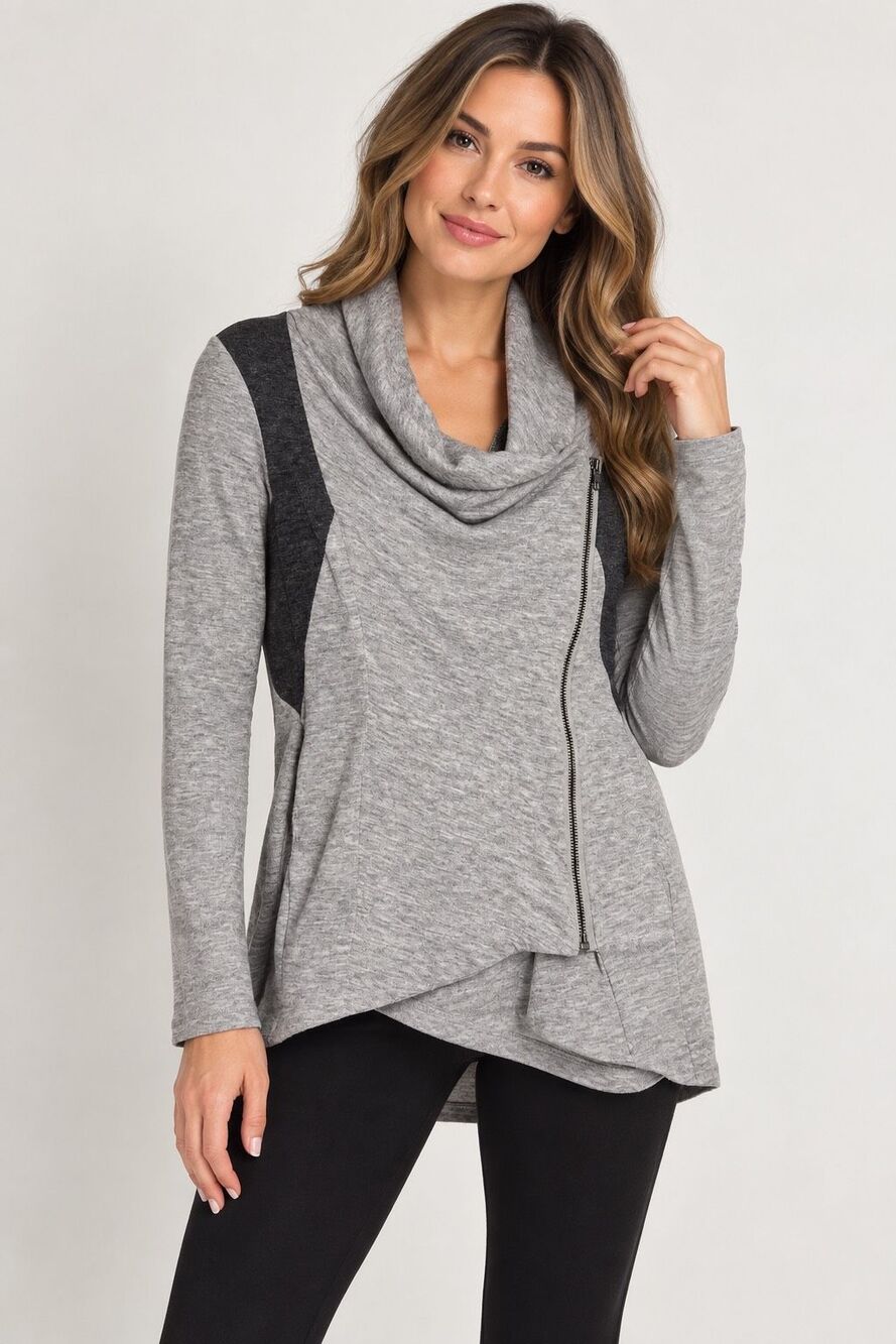 Sweet Rain Gray Black Asymmetrical Zip Draped Cowl Neck Jacket Size S